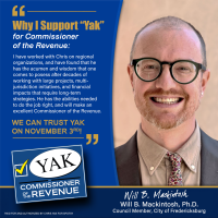 Dr. Will Mackintosh endorses Yak for Commissioner of the Revenue in Spotsylvania County